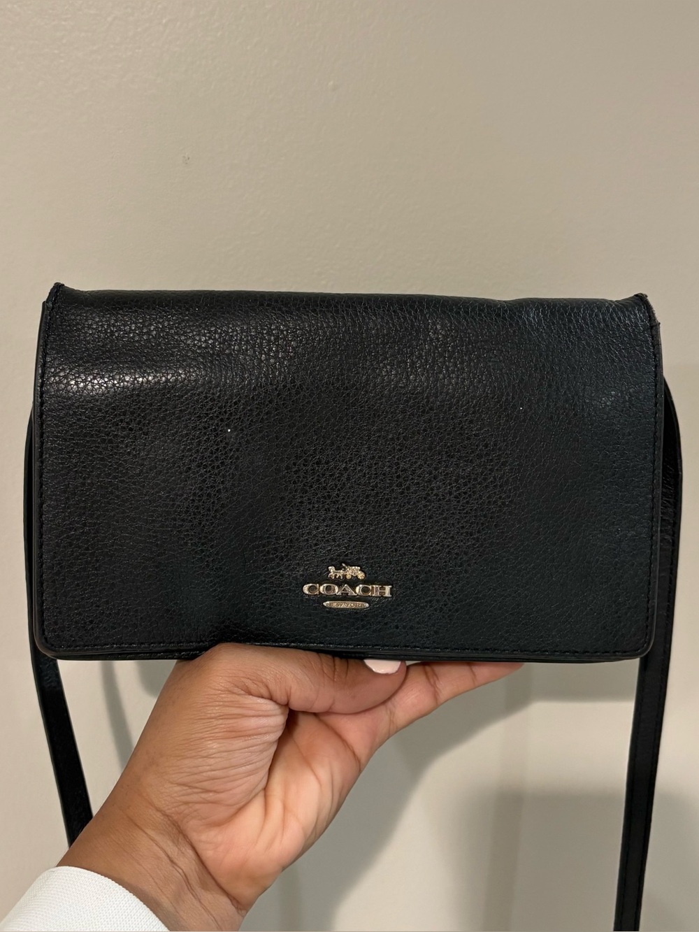 Coach Black Pebbled Leather Fold Over Clutch Cross Body Bag